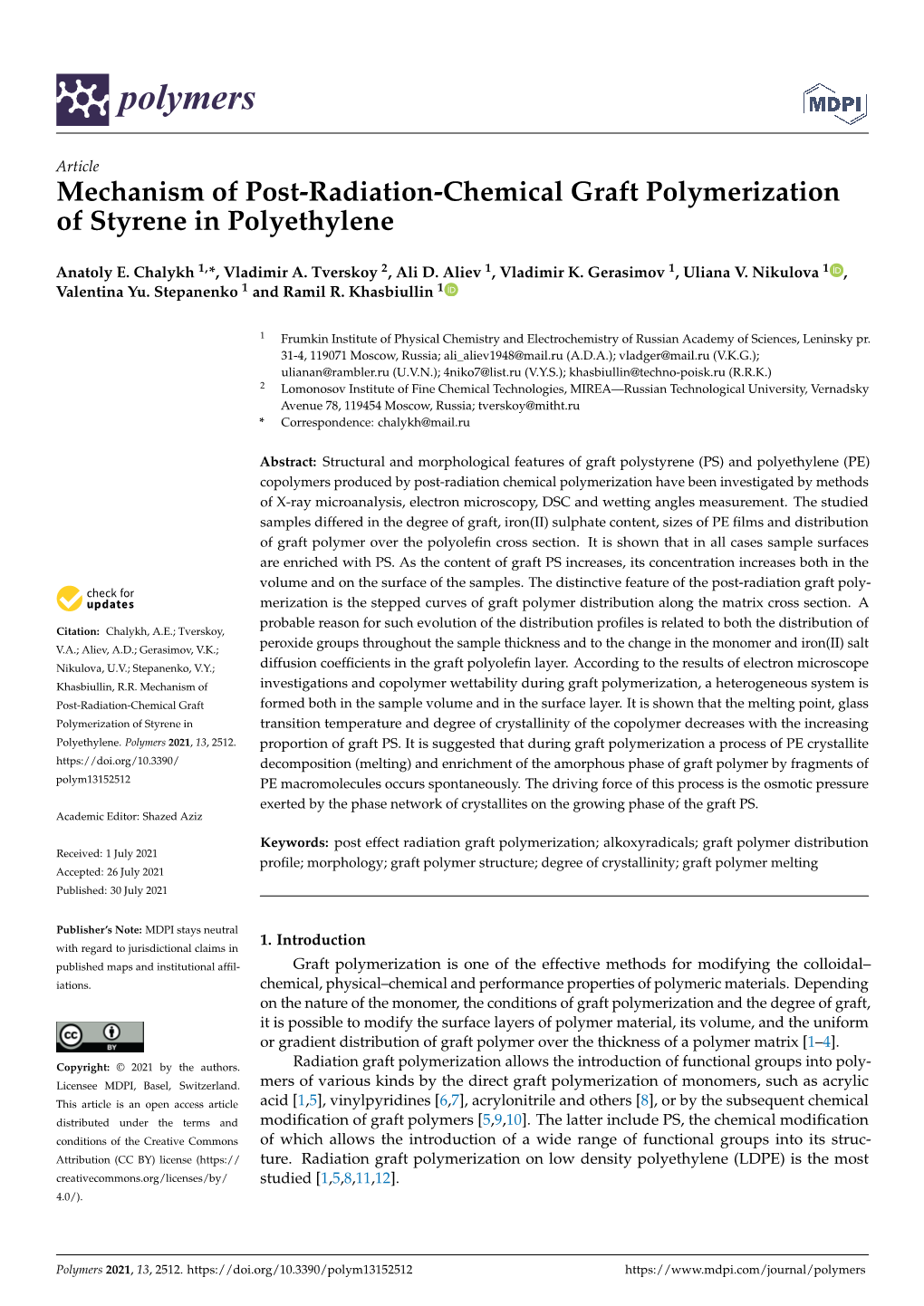 Mechanism of Post-Radiation-Chemical Graft Polymerization of Styrene in Polyethylene