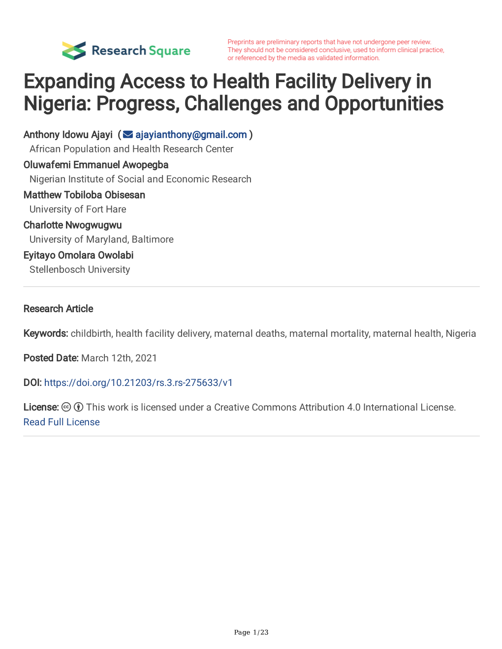 Expanding Access to Health Facility Delivery in Nigeria: Progress, Challenges and Opportunities