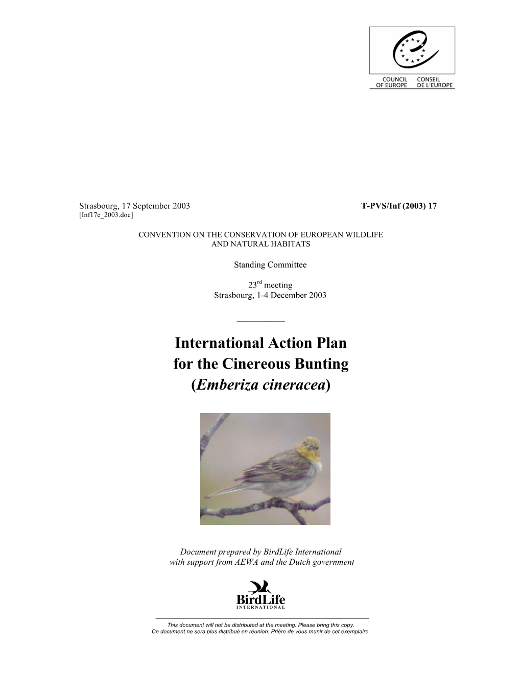 International Action Plan for the Cinereous Bunting (Emberiza Cineracea)