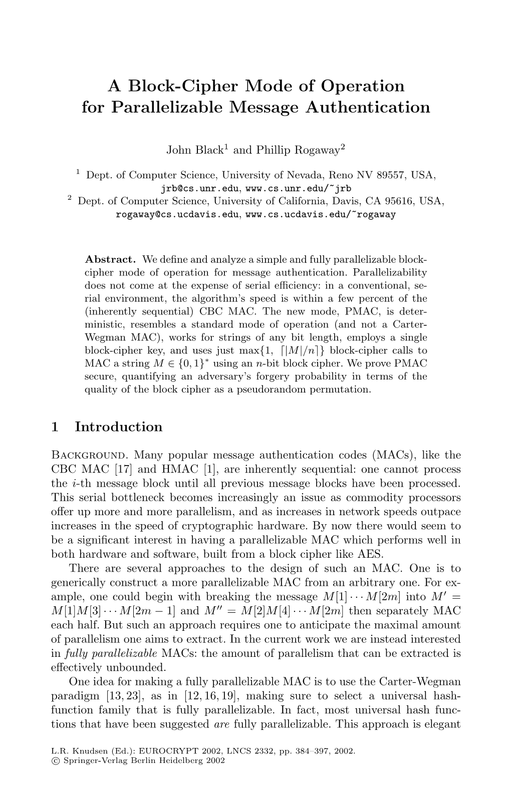 A Block-Cipher Mode of Operation for Parallelizable Message Authentication