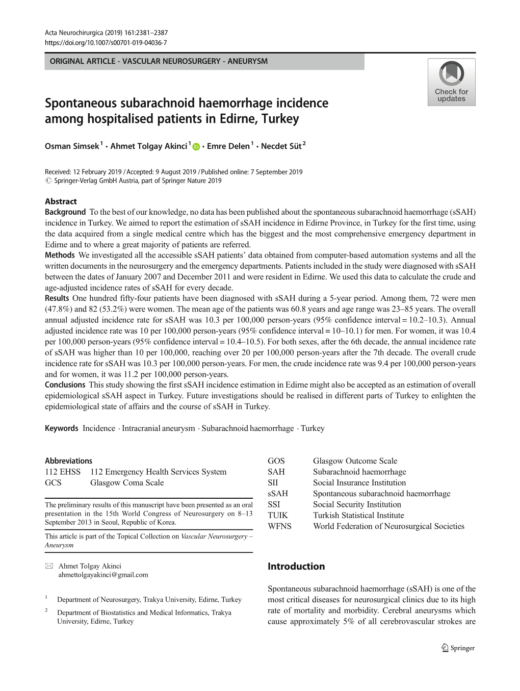 Spontaneous Subarachnoid Haemorrhage Incidence Among Hospitalised Patients in Edirne, Turkey