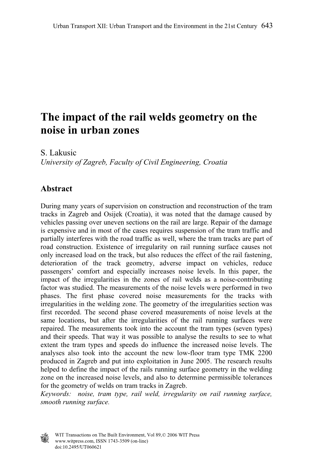 The Impact of the Rail Welds Geometry on the Noise in Urban Zones