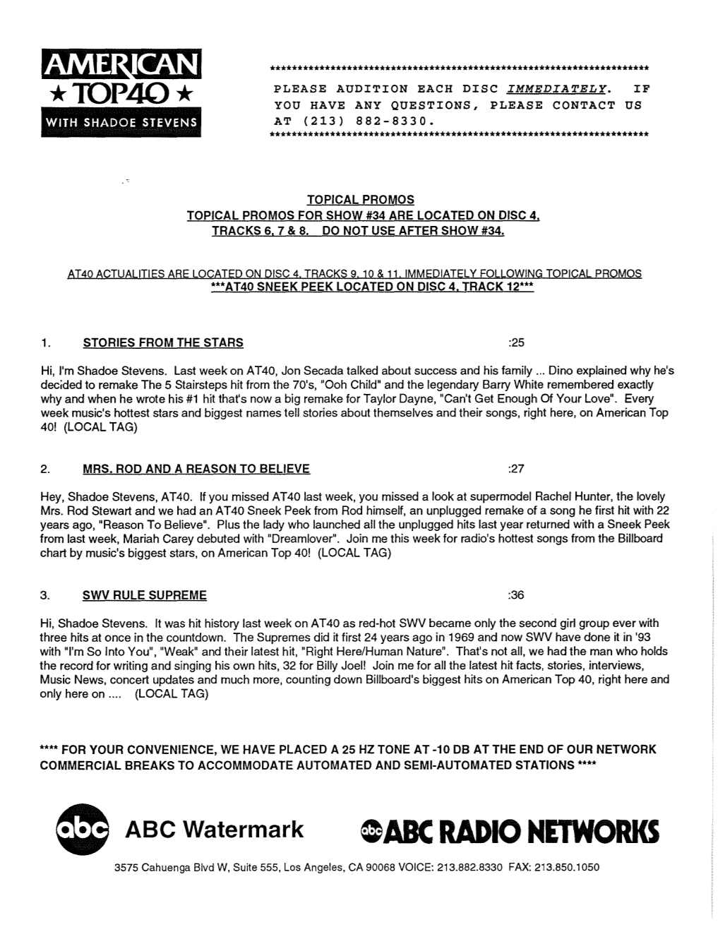 GABC RADIO NETWORKS 3575 Cahuenga Blvd W, Suite 555, Los Angeles, CA 90068 VOICE: 213.882.8330 FAX: 213.850.1050 AT40 ACTUALITIES W