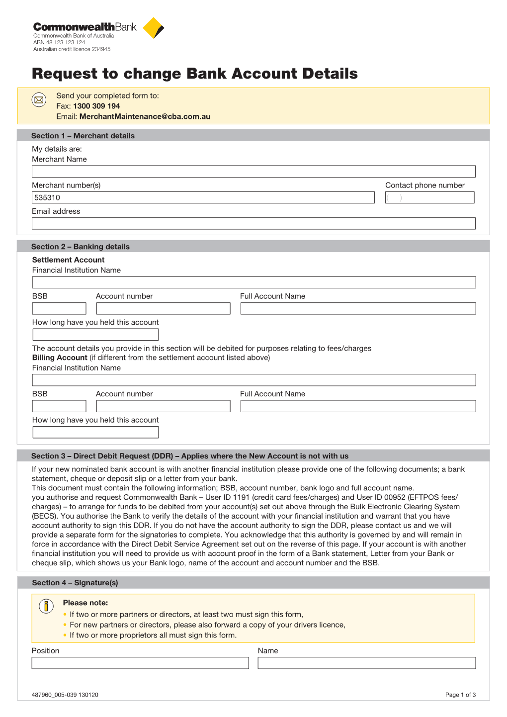 Request to Change Bank Account Details