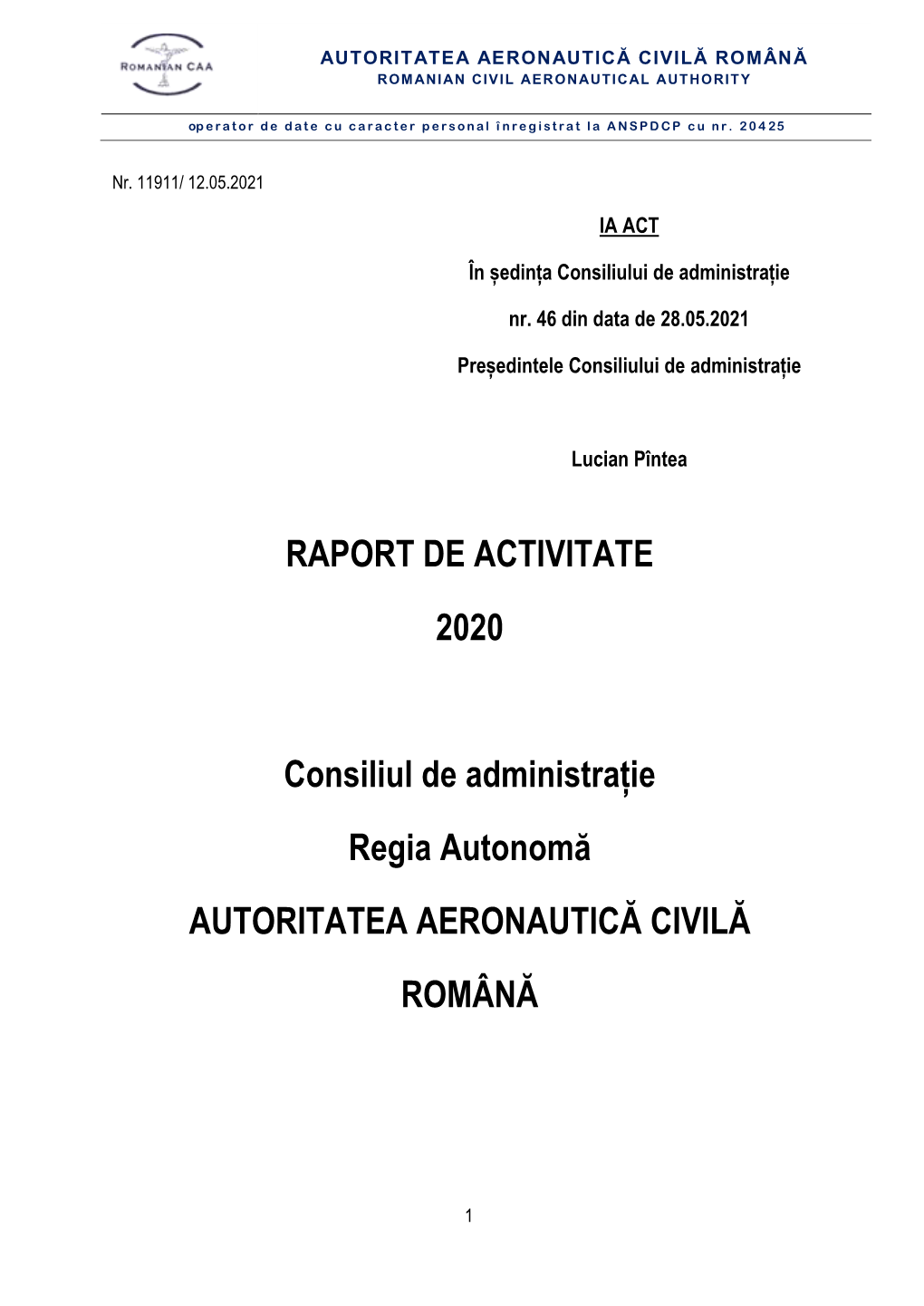 Raport De Activitate Al Regiei Si Al CA Pe Anul 2020