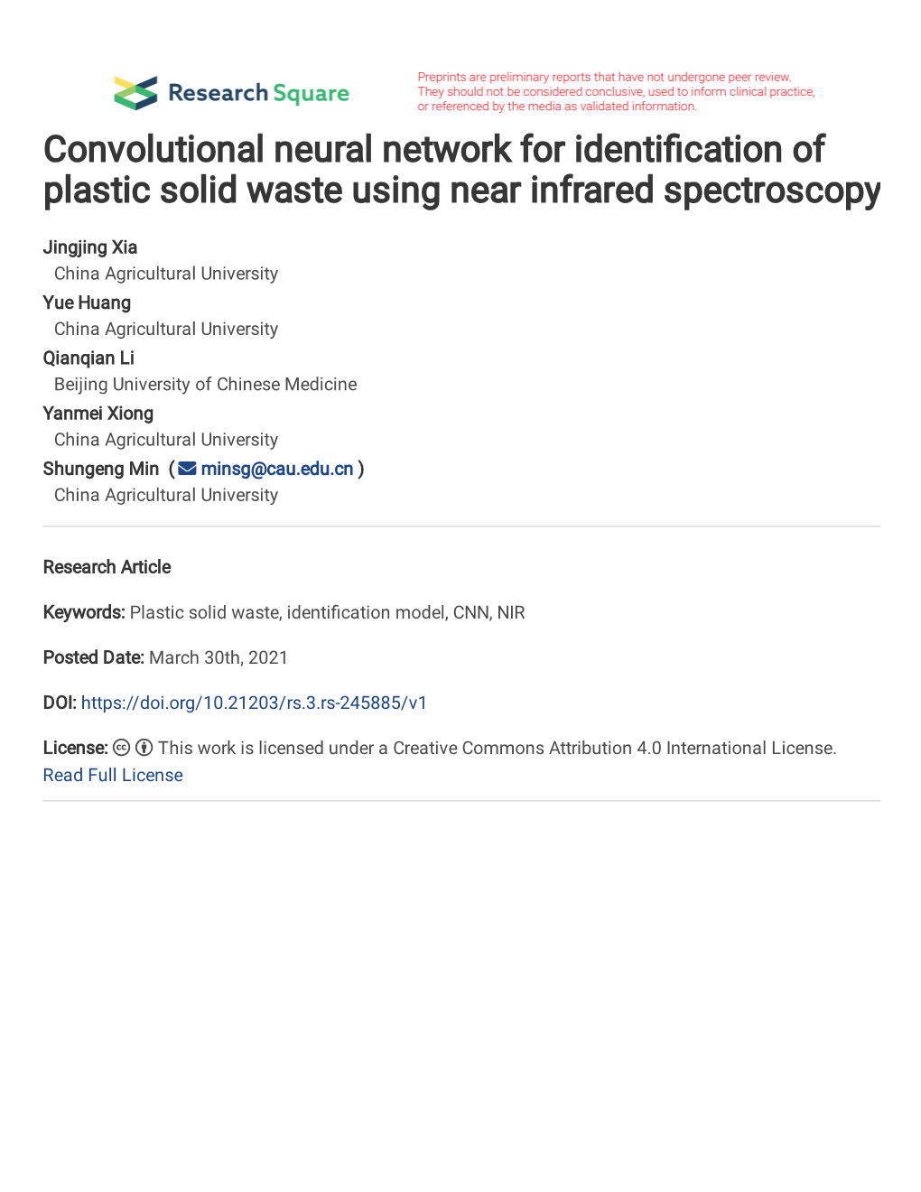 Convolutional Neural Network with Near Infrared for Plastic Waste 2 Classification