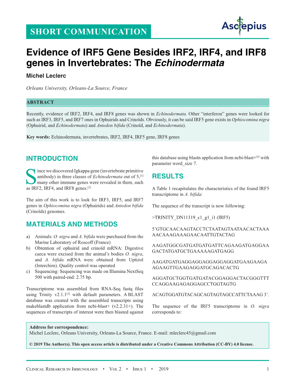 Evidence of IRF5 Gene Besides IRF2, IRF4, and IRF8 Genes in Invertebrates: the Echinodermata Michel Leclerc