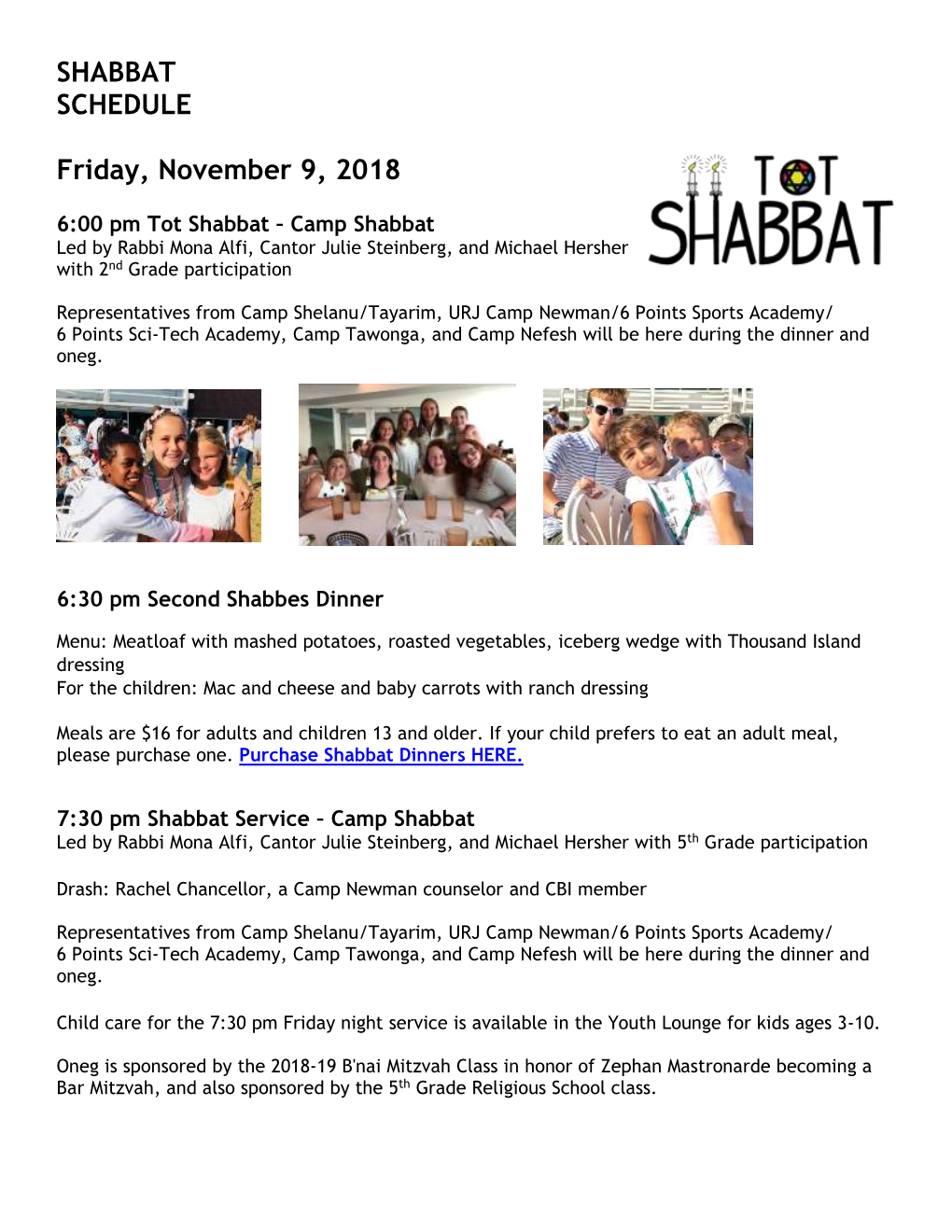 SHABBAT SCHEDULE Friday, November 9, 2018