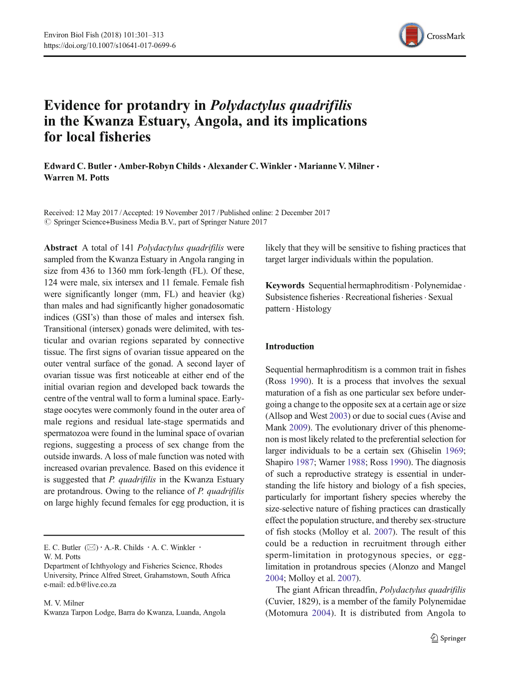 Evidence for Protandry in Polydactylus Quadrifilis in the Kwanza Estuary, Angola, and Its Implications for Local Fisheries