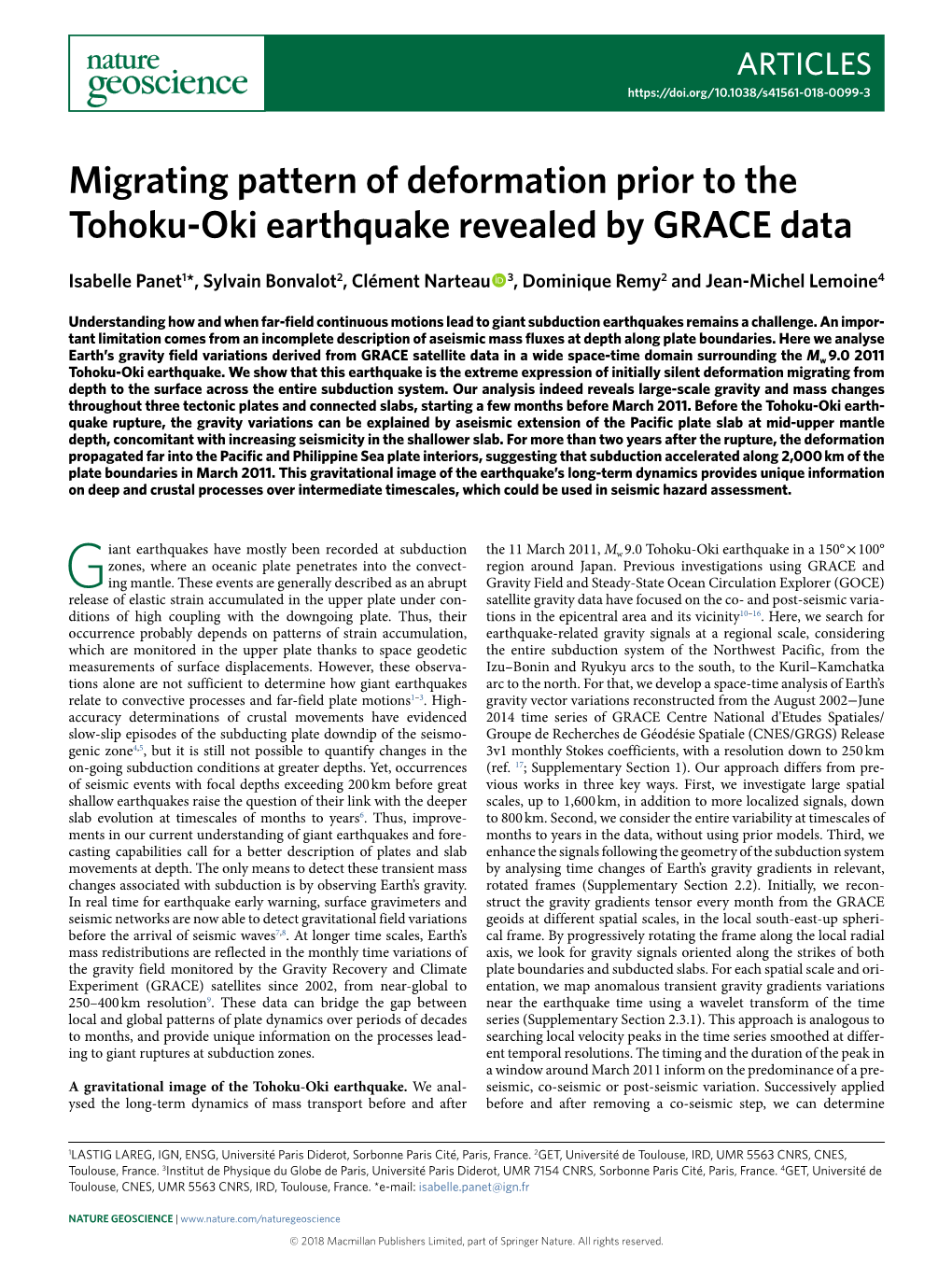 Migrating Pattern of Deformation Prior to the Tohoku-Oki Earthquake Revealed by GRACE Data