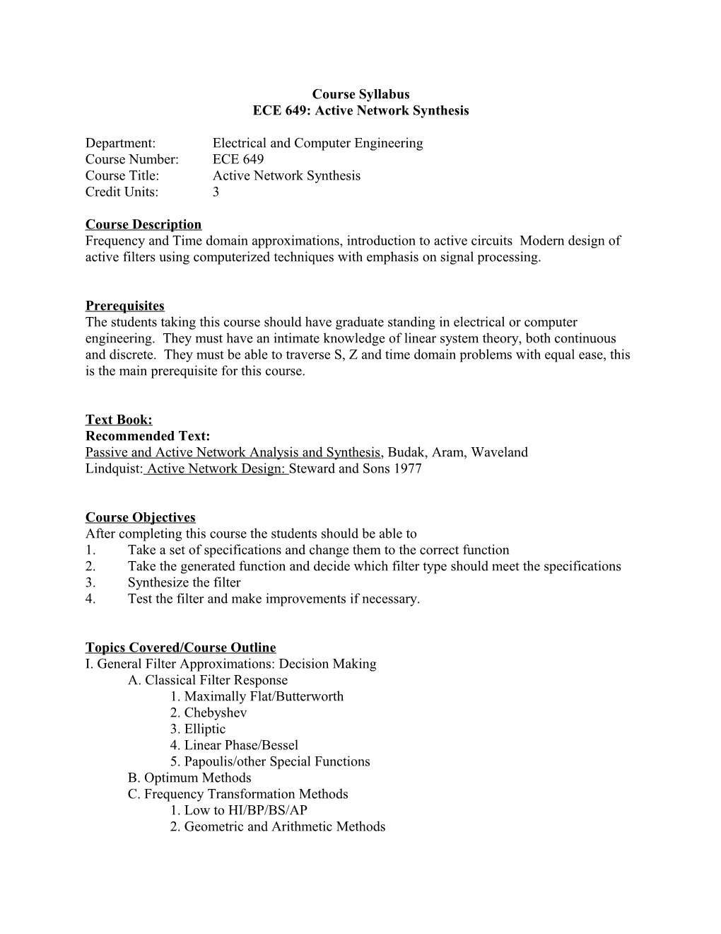 ECE 649: Active Network Synthesis