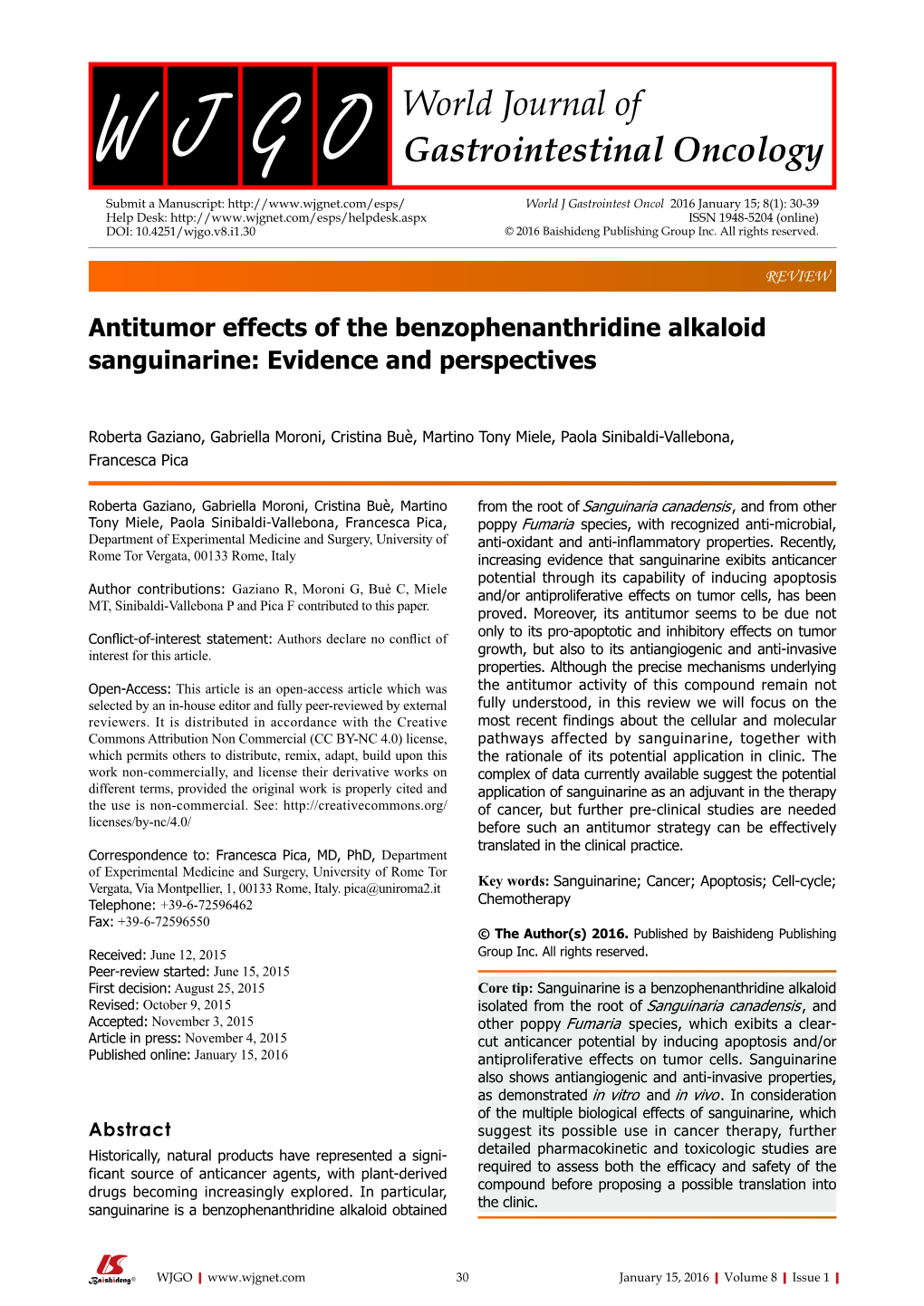 Antitumor Effects of the Benzophenanthridine Alkaloid Sanguinarine: Evidence and Perspectives
