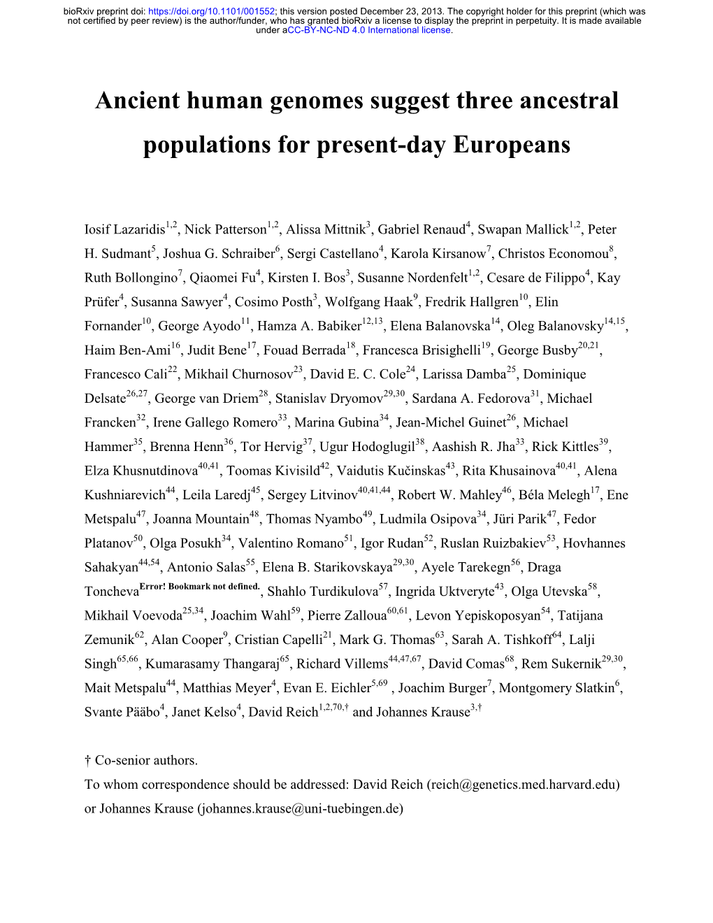 Ancient Human Genomes Suggest Three Ancestral Populations for Present-Day Europeans