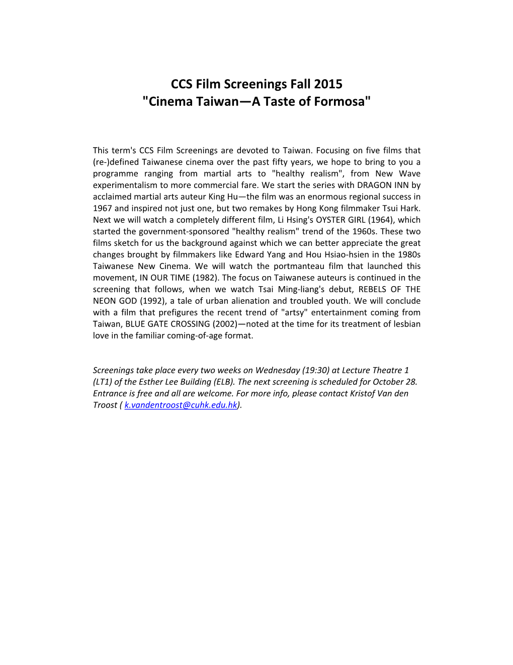 CCS Film Screenings Fall 2015 "Cinema Taiwan—A Taste of Formosa"