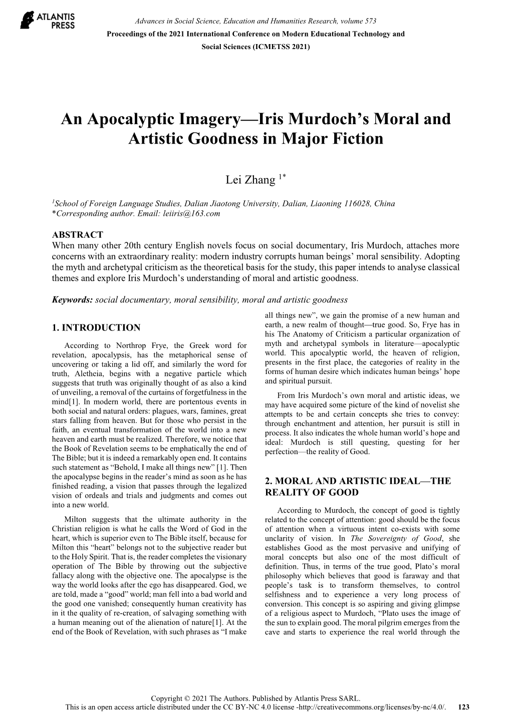 An Apocalyptic Imagery—Iris Murdoch's Moral and Artistic