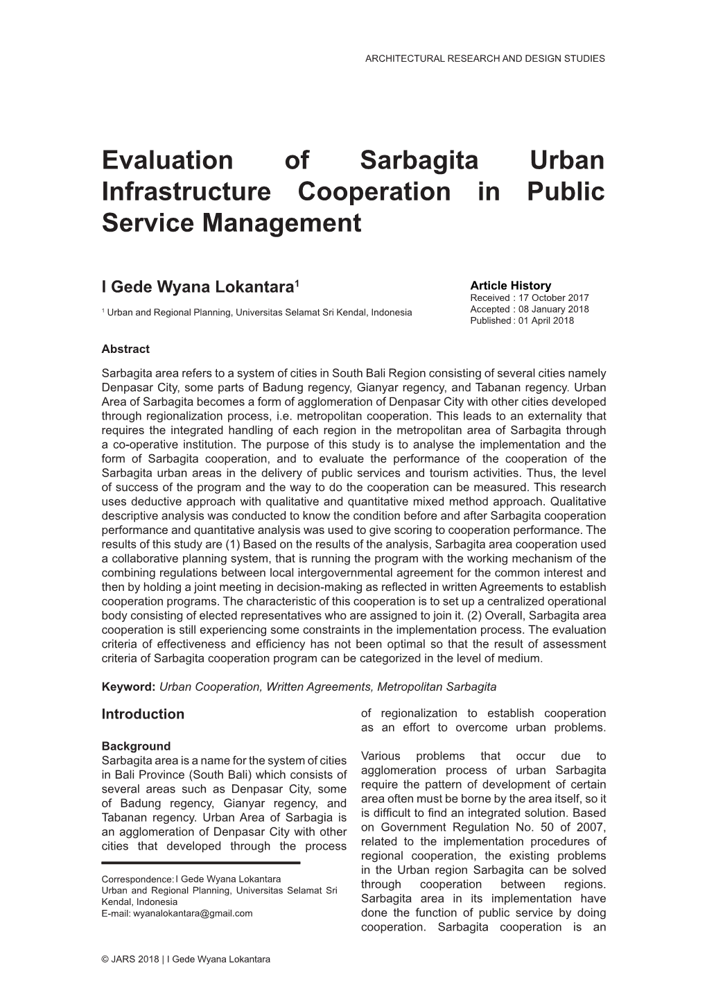 Evaluation of Sarbagita Urban Infrastructure Cooperation in Public Service Management