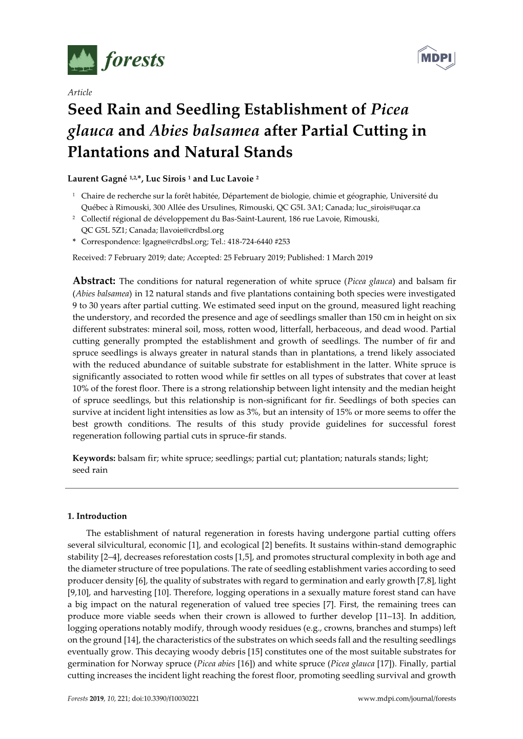 Seed Rain and Seedling Establishment of Picea Glauca and Abies Balsamea After Partial Cutting in Plantations and Natural Stands