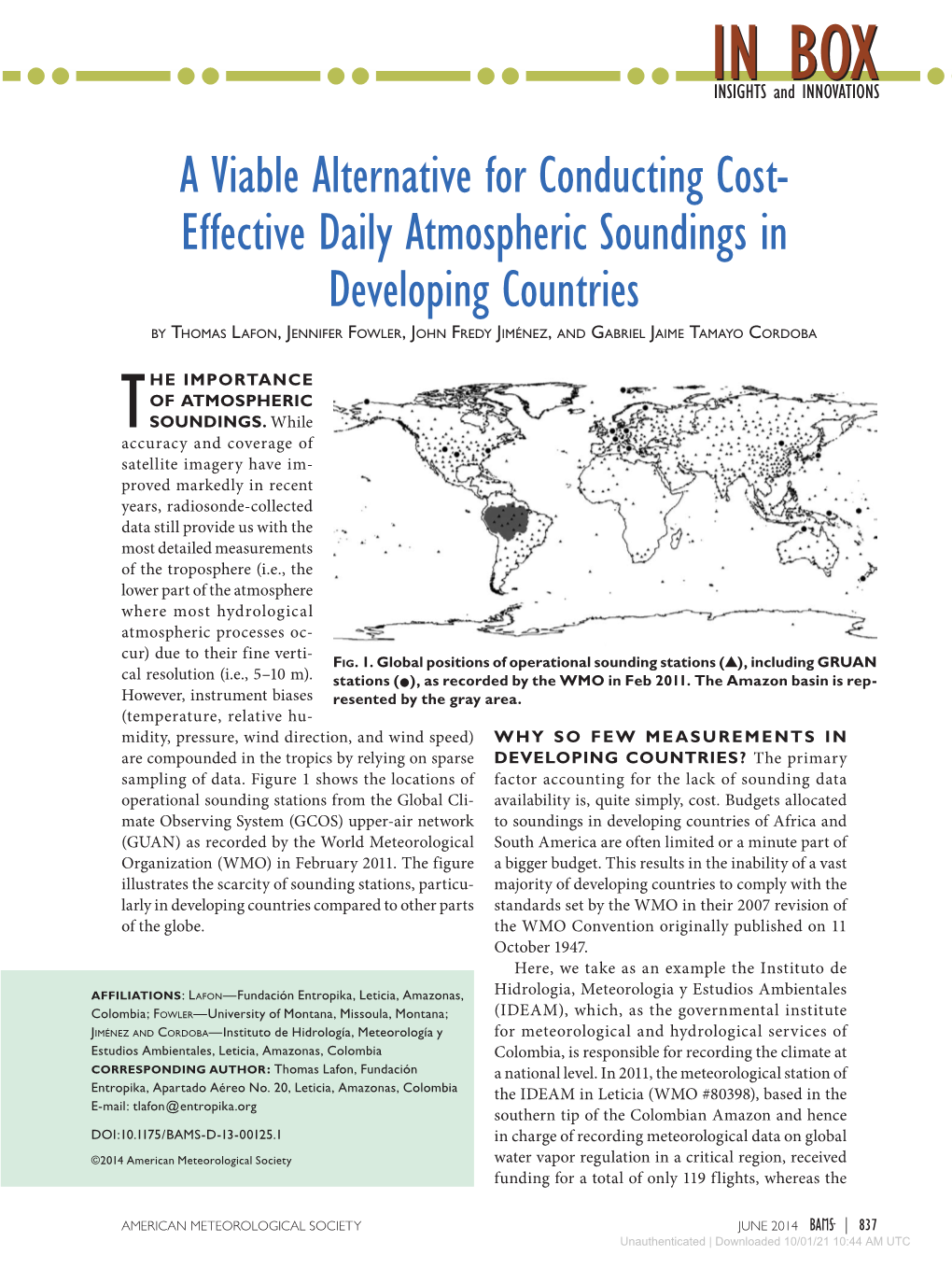 Effective Daily Atmospheric Soundings in Developing Countries by Thomas Lafon, Jennifer Fowler, John Fredy Jiménez, and Gabriel Jaime Tamayo Cordoba