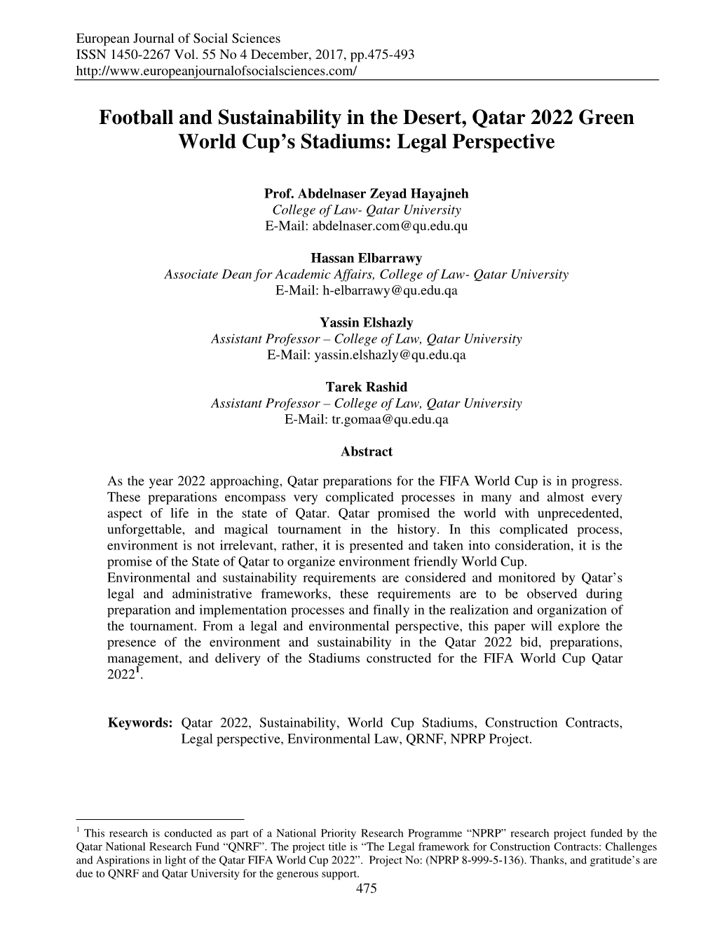 Football and Sustainability in the Desert, Qatar 2022 Green World Cup’S Stadiums: Legal Perspective