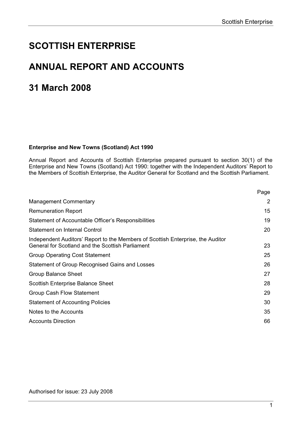 Scottish Enterprise Annual Report and Accounts, 31 March 2008