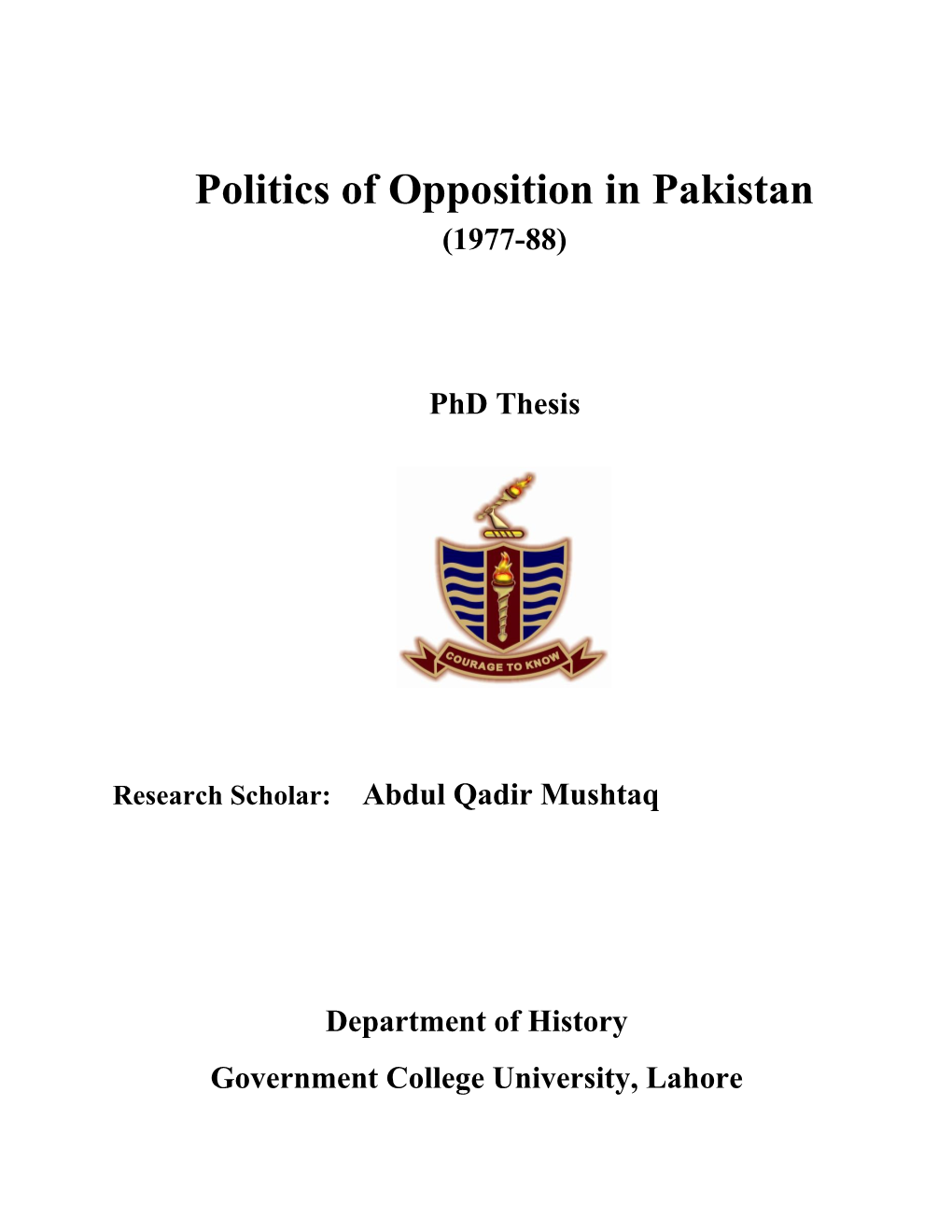 Politics of Opposition in Pakistan (1977-88)