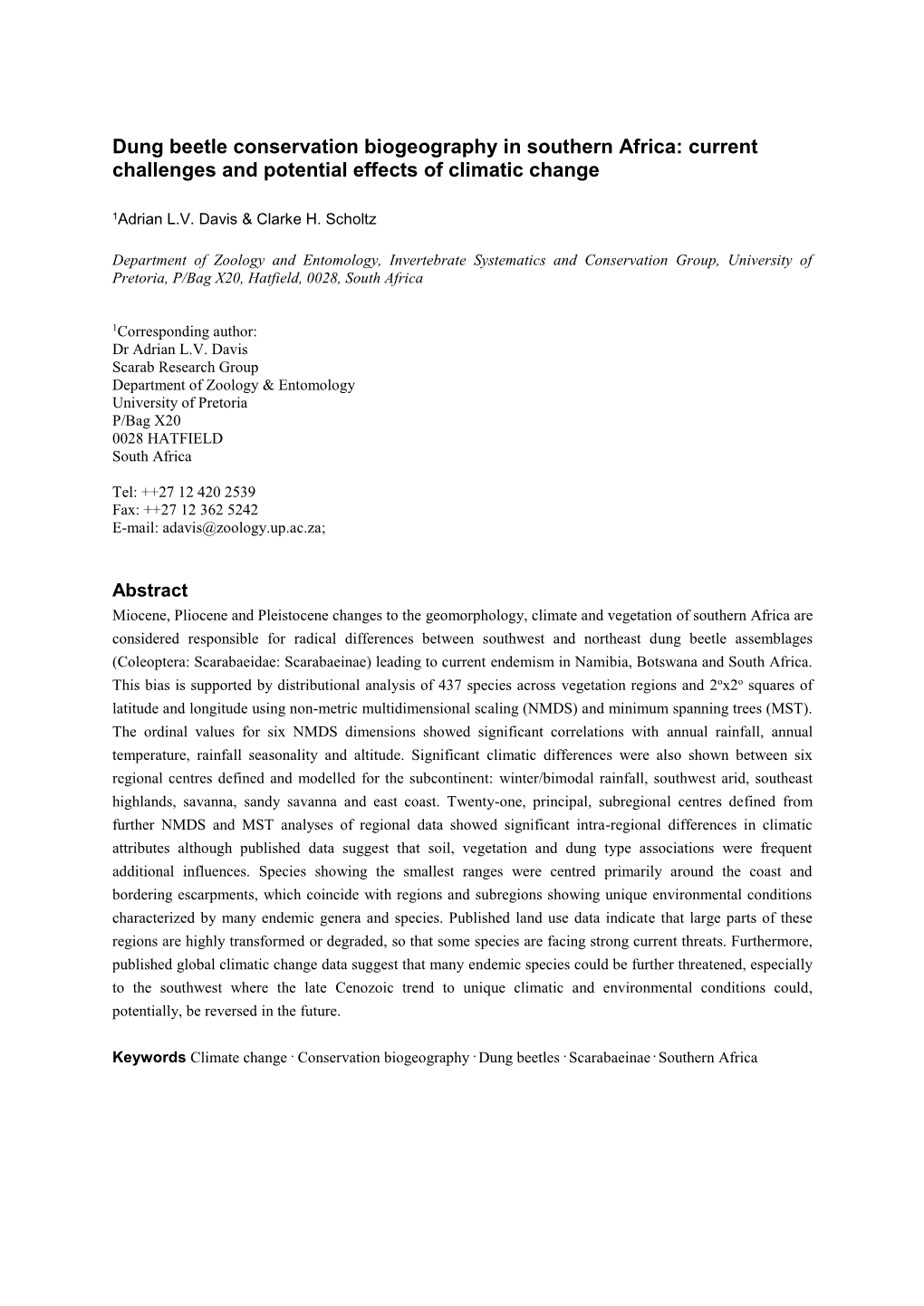 Dung Beetle Conservation Biogeography in Southern Africa: Current Challenges and Potential Effects of Climatic Change