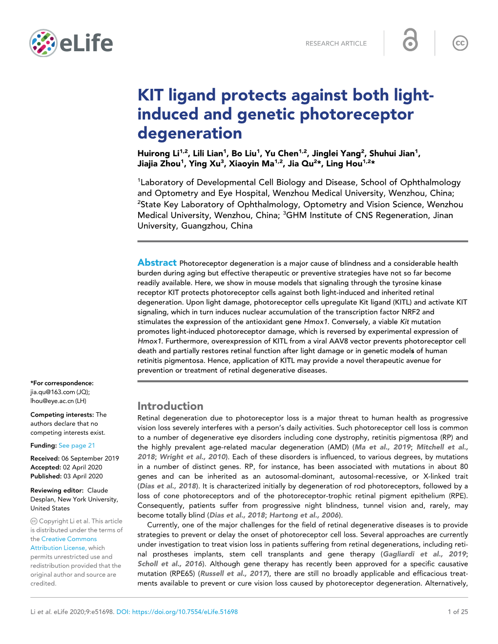 KIT Ligand Protects Against Both Light- Induced and Genetic Photoreceptor