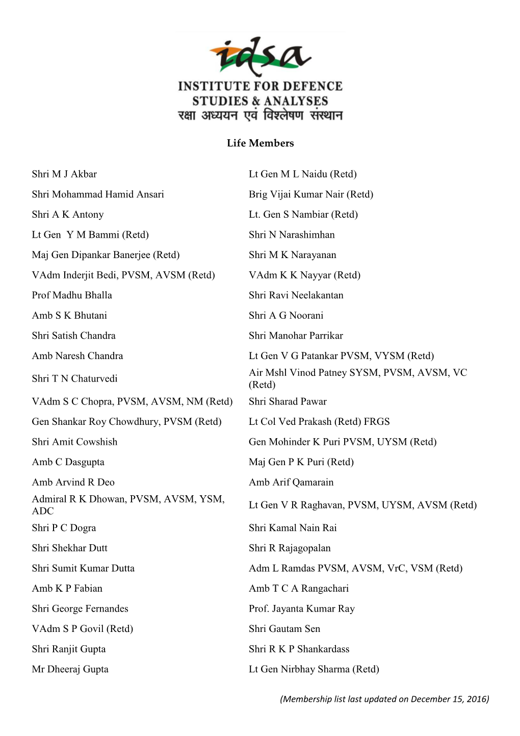 List of Life Members of IDSA