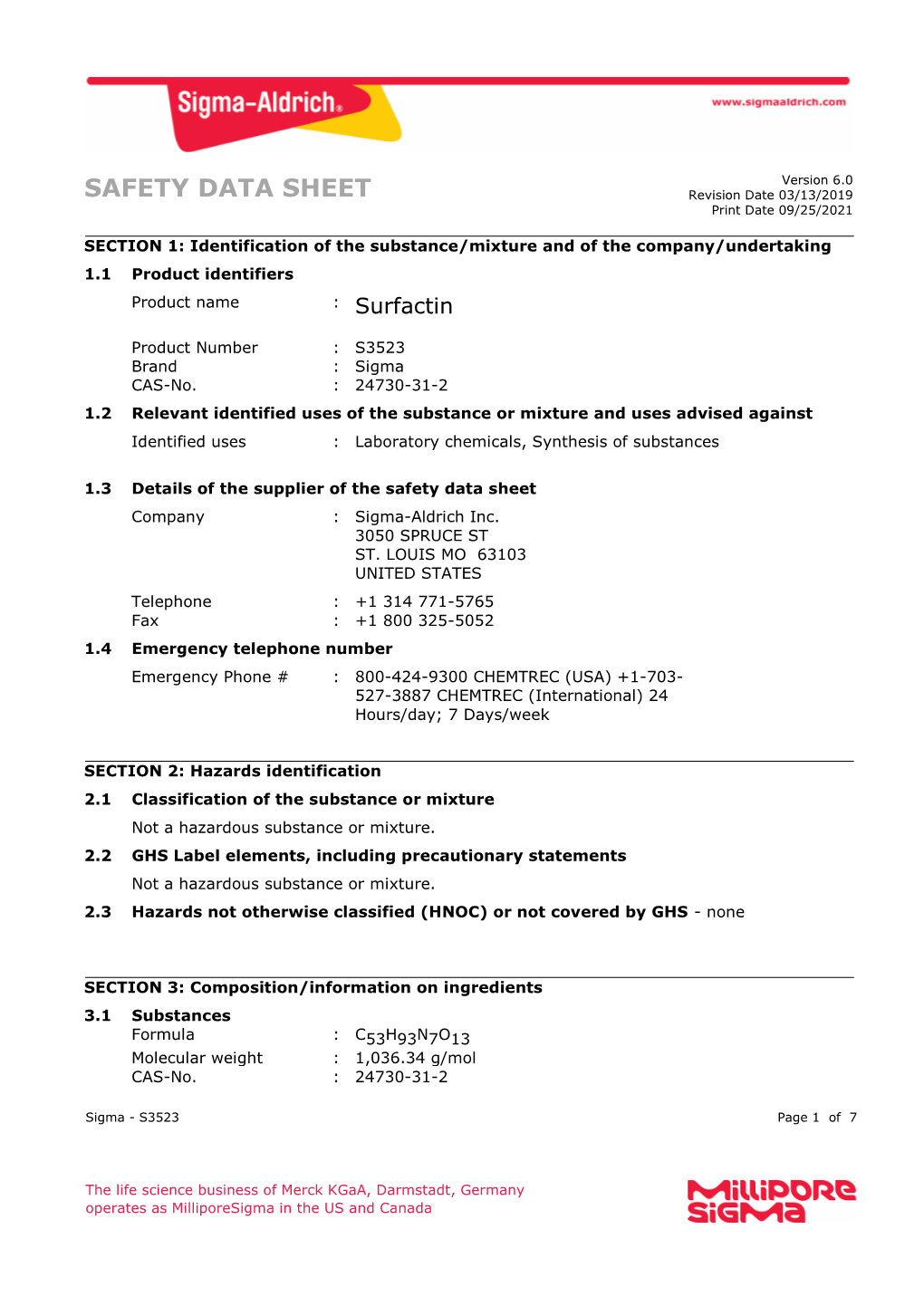SAFETY DATA SHEET Revision Date 03/13/2019 Print Date 09/25/2021
