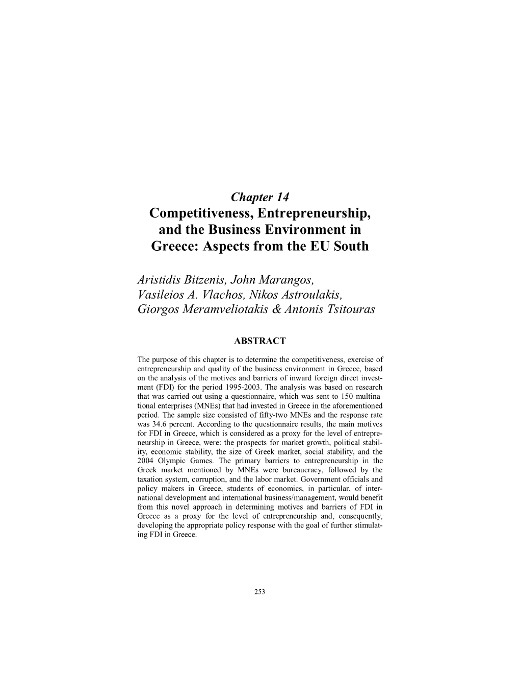 Competitiveness, Entrepreneurship, and the Business Environment in Greece: Aspects from the EU South