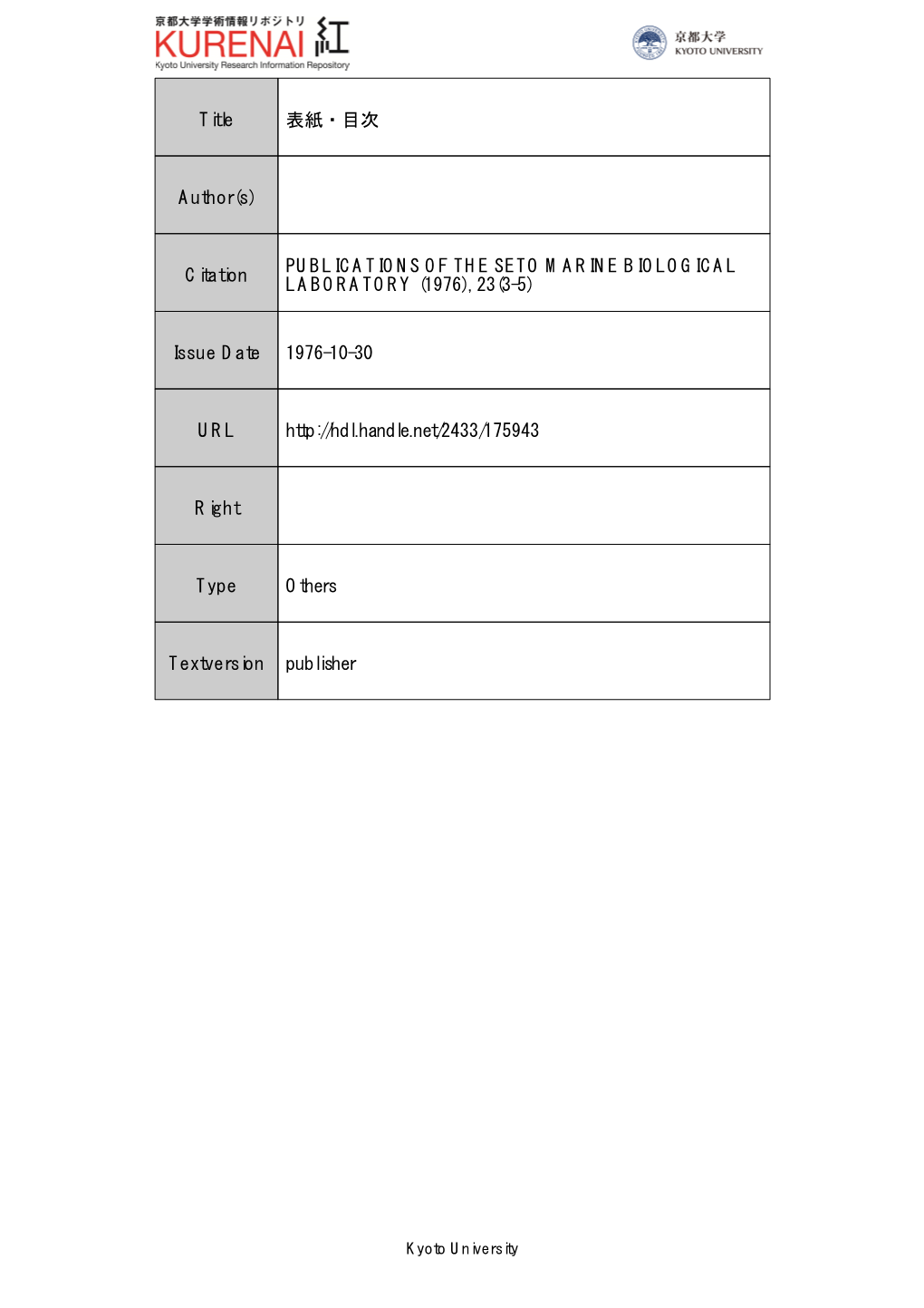 Citation PUBLICATIONS of the SETO MARINE BIOLOGICAL