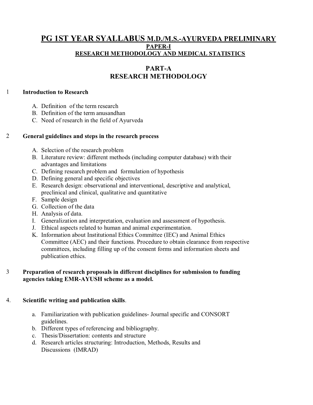 Pg 1St Year Syallabus M.D./M.S.-Ayurveda Preliminary Paper-I Research Methodology and Medical Statistics