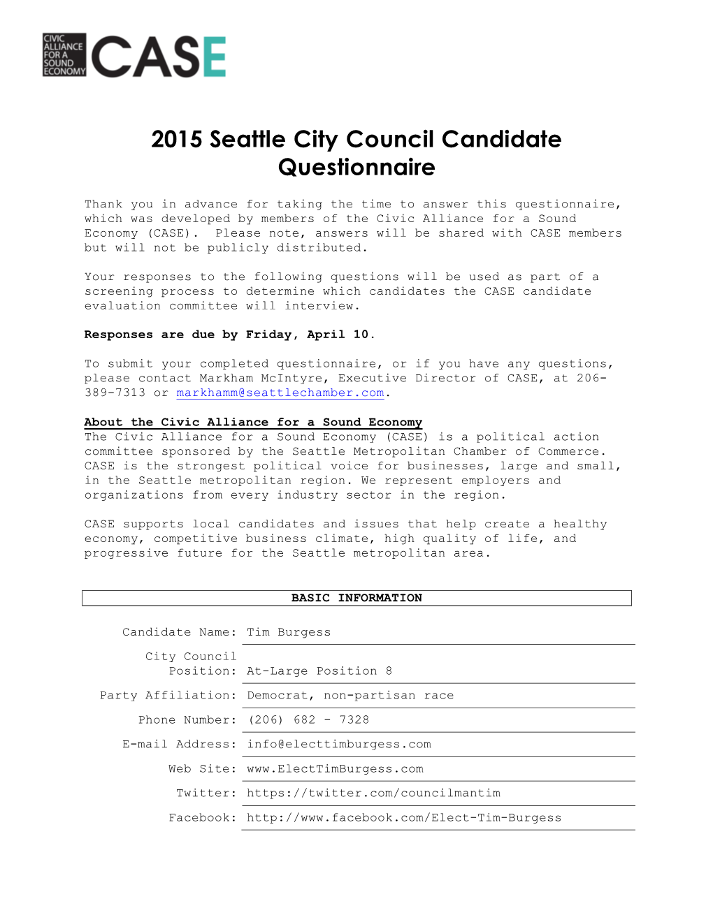 2015 Seattle City Council Candidate Questionnaire