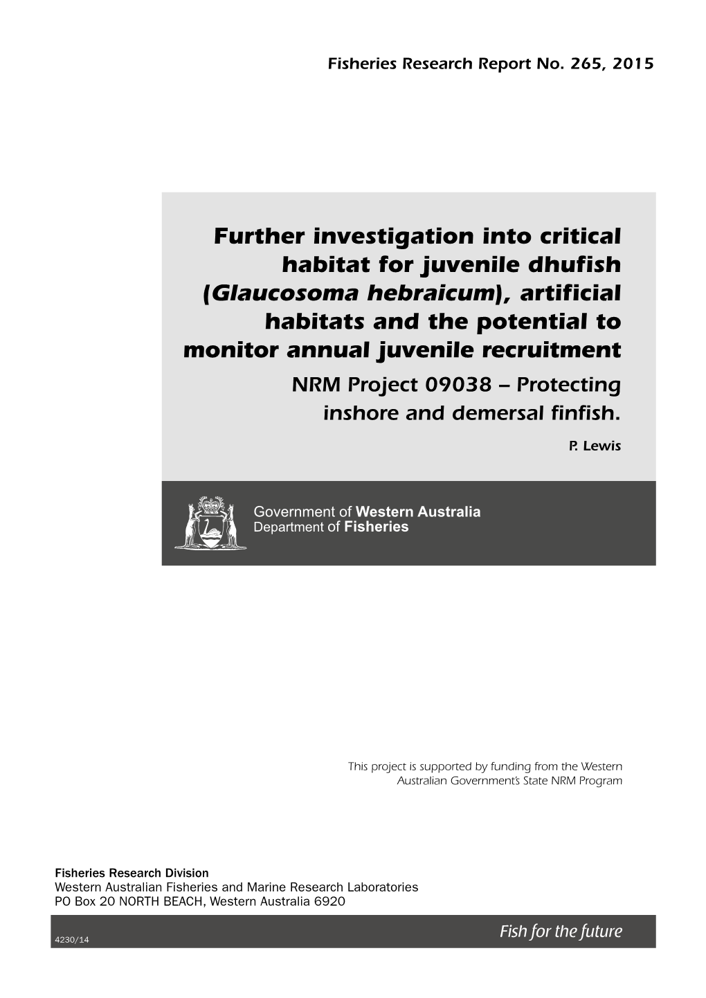 Further Investigation Into Critical Habitat for Juvenile Dhufish