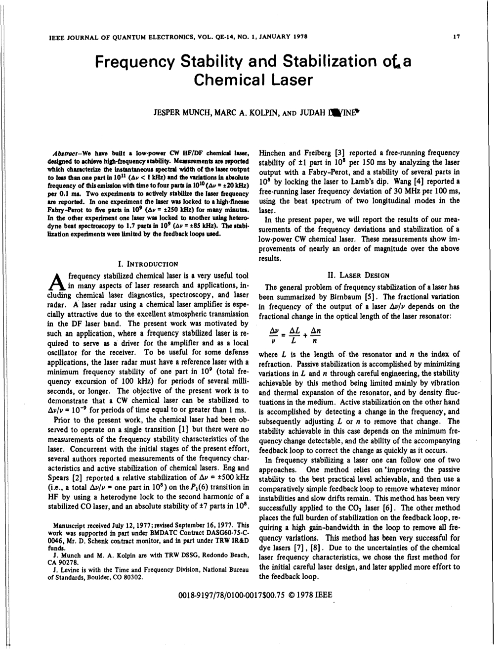 Frequency Stability and Stabilization Ola Chemical Laser