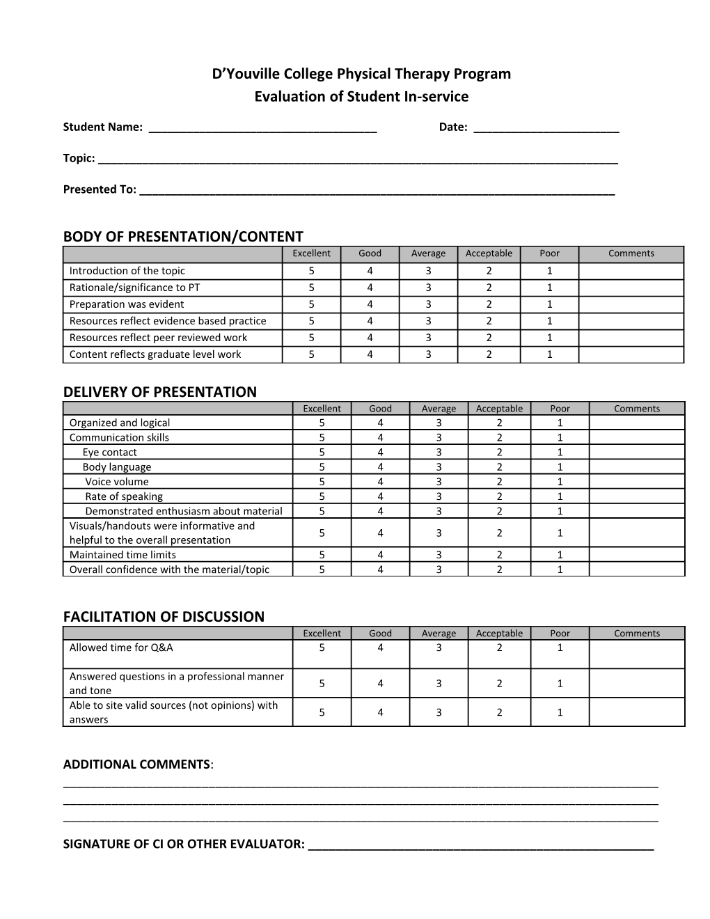 PT Evaluation of Student In-Service