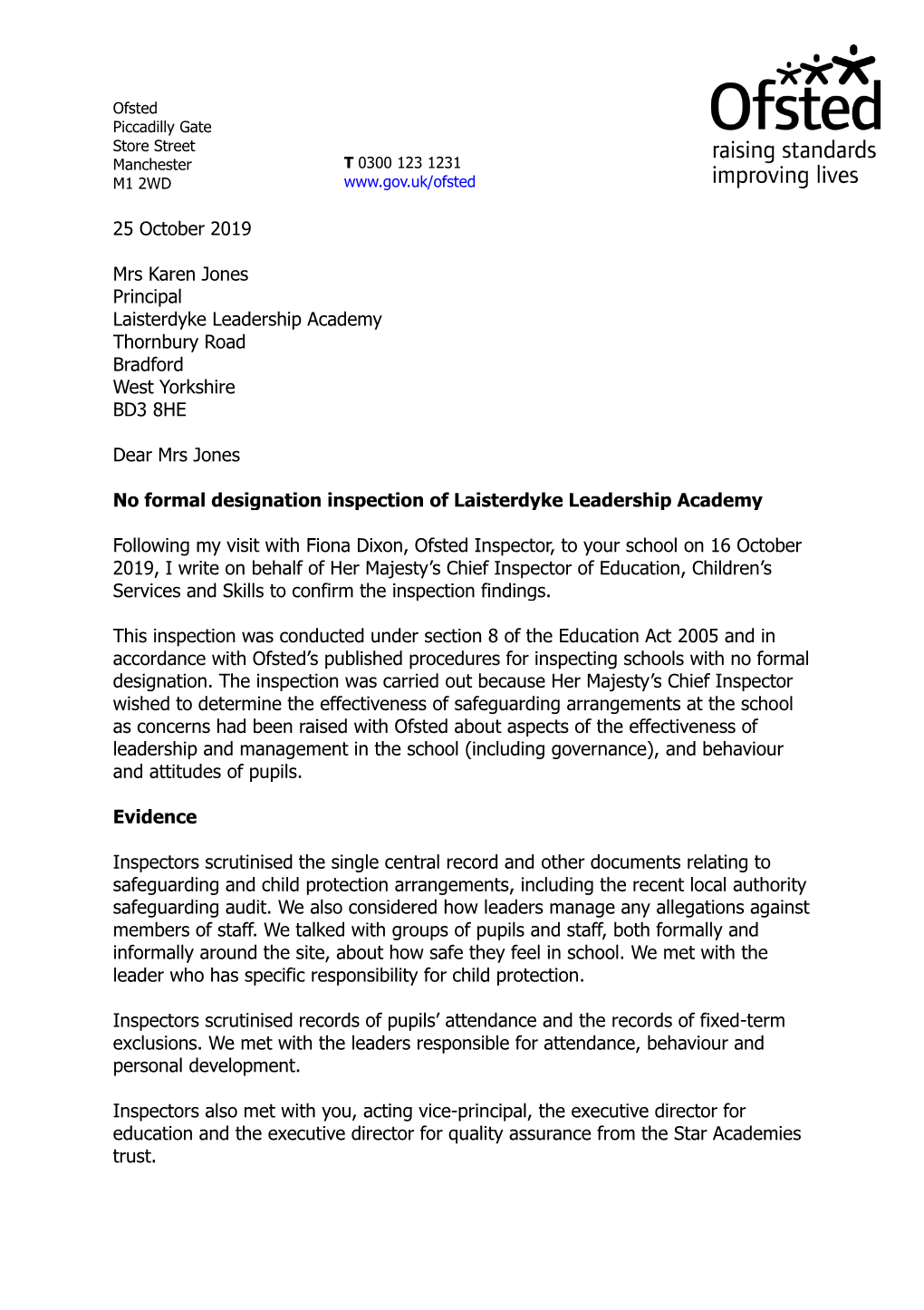 25 October 2019 Mrs Karen Jones Principal Laisterdyke Leadership