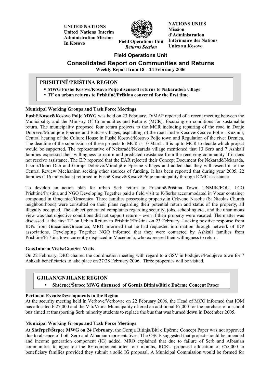 Consolidated Report on Communities and Returns Weekly Report from 18 – 24 February 2006