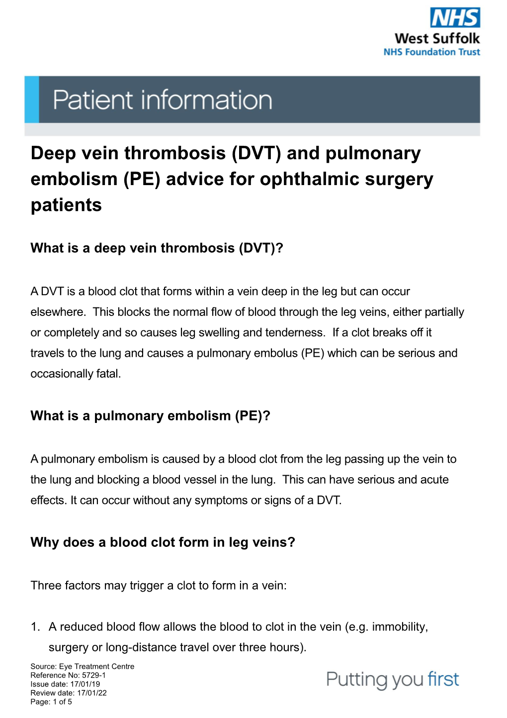 Deep Vein Thrombosis (DVT) and Pulmonary Embolism (PE) Advice for Ophthalmic Surgery Patients