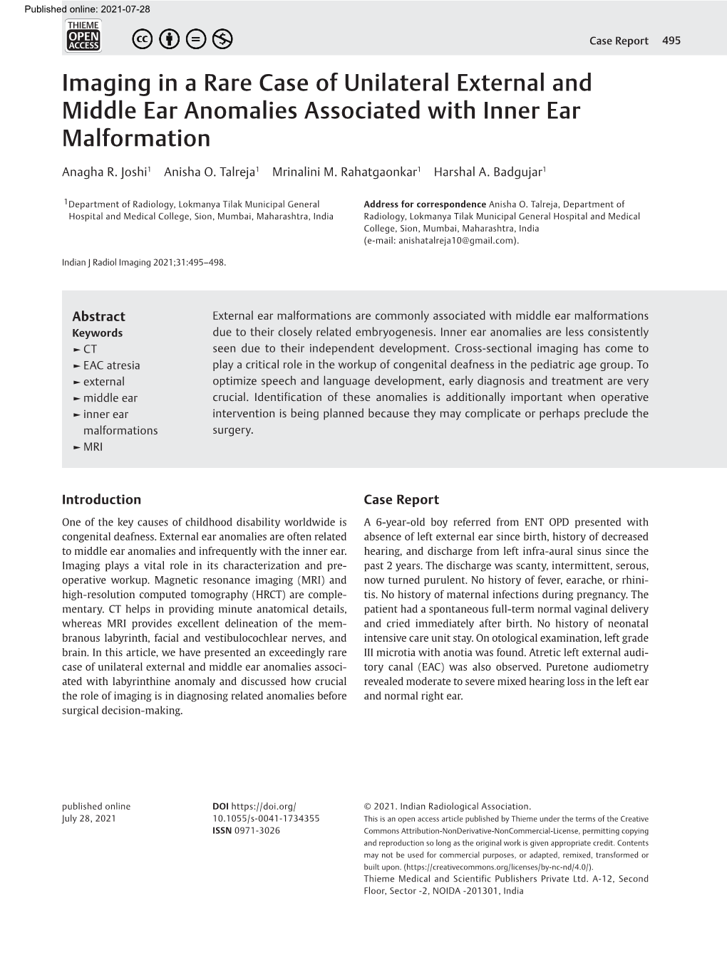 Imaging in a Rare Case of Unilateral External and Middle Ear Anomalies Associated with Inner Ear Malformation