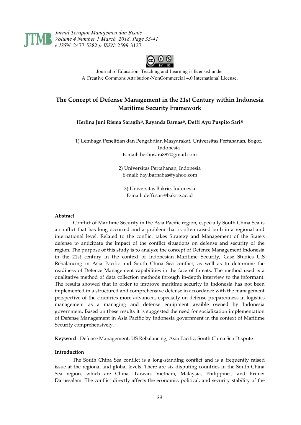 The Concept of Defense Management in the 21St Century Within Indonesia Maritime Security Framework