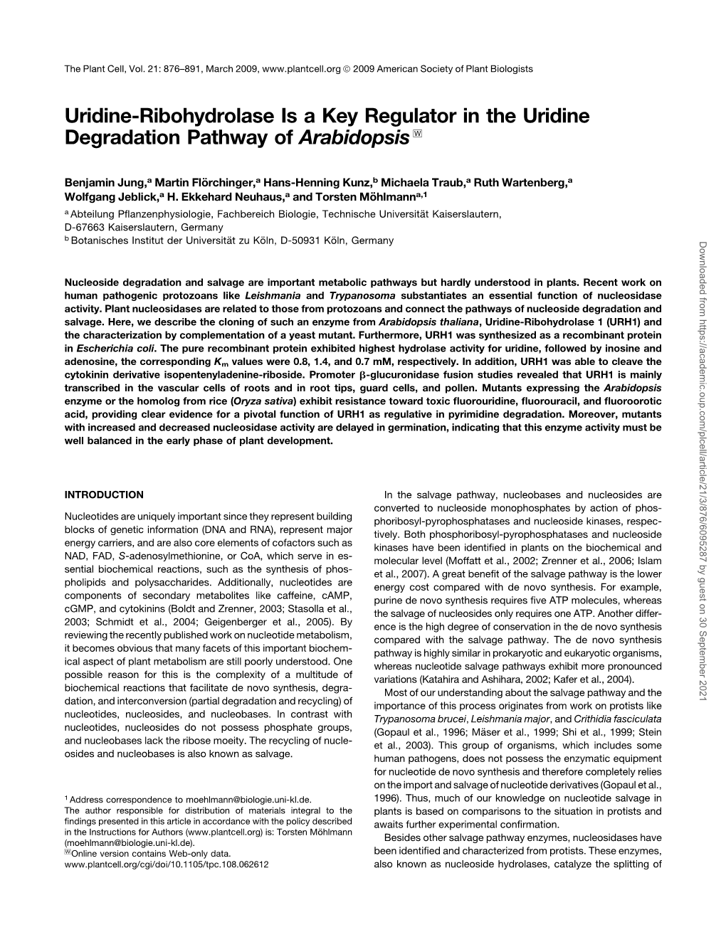 Uridine-Ribohydrolase Is a Key Regulator in the Uridine Degradation Pathway of Arabidopsis W