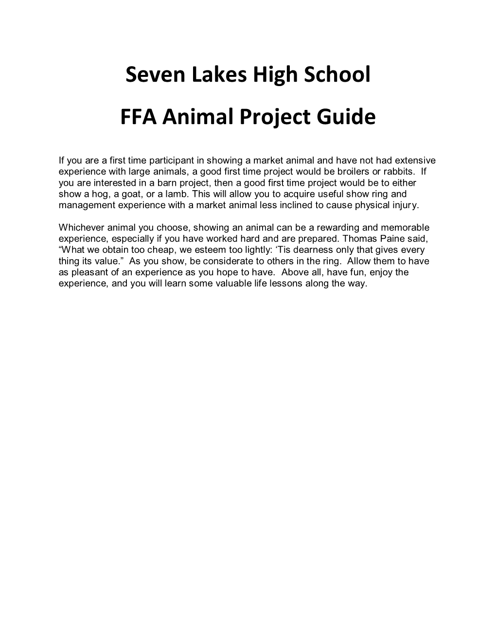 Seven Lakes High School FFA Animal Project Guide