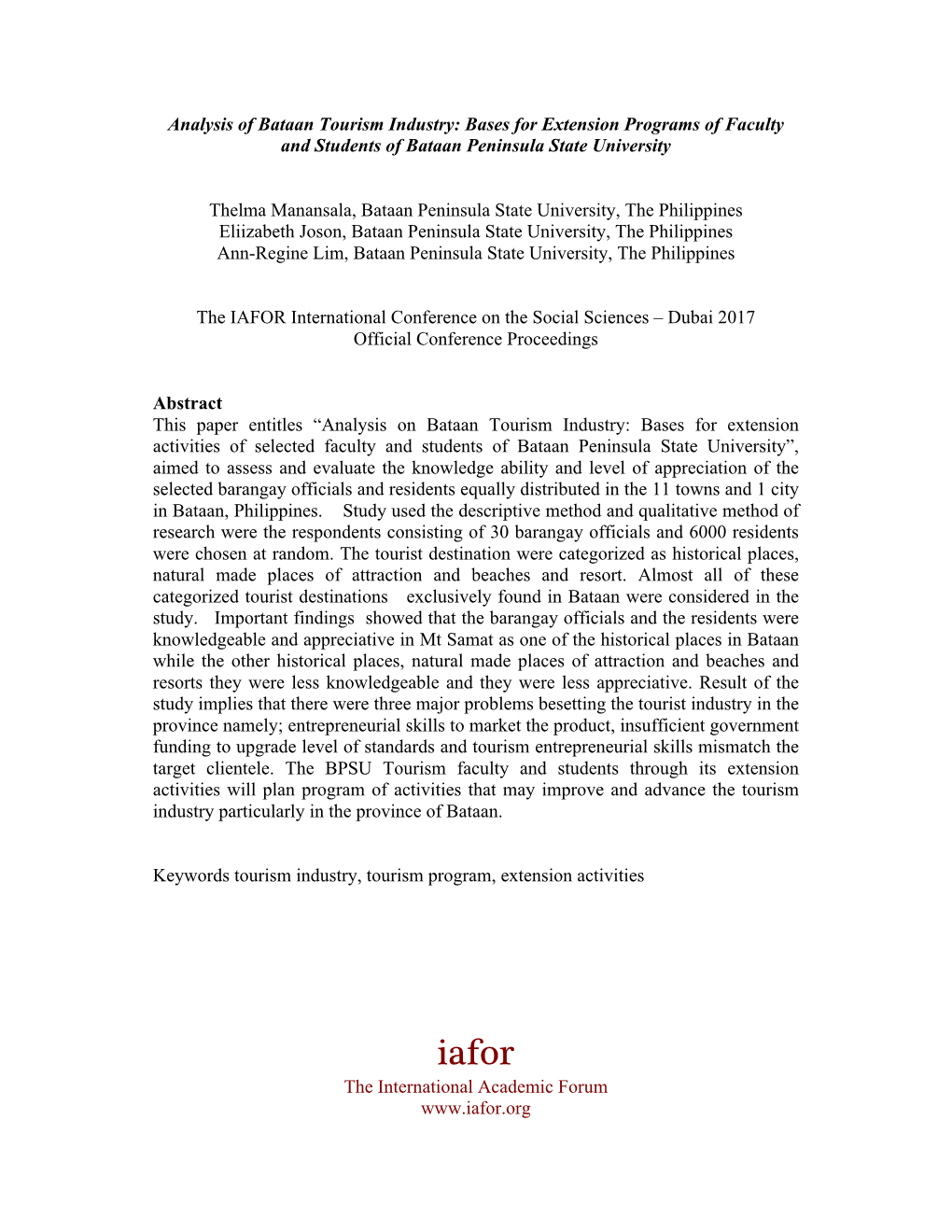 Analysis of Bataan Tourism Industry: Bases for Extension Programs of Faculty and Students of Bataan Peninsula State University