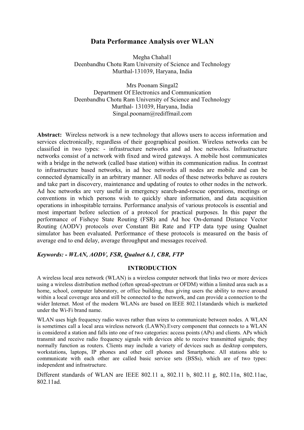 Data Performance Analysis Over WLAN