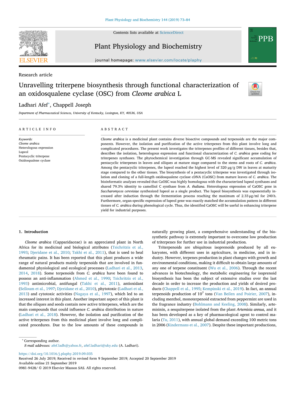 Unravelling Triterpene Biosynthesis Through Functional Characterization of an Oxidosqualene Cyclase (OSC) from Cleome Arabica L T