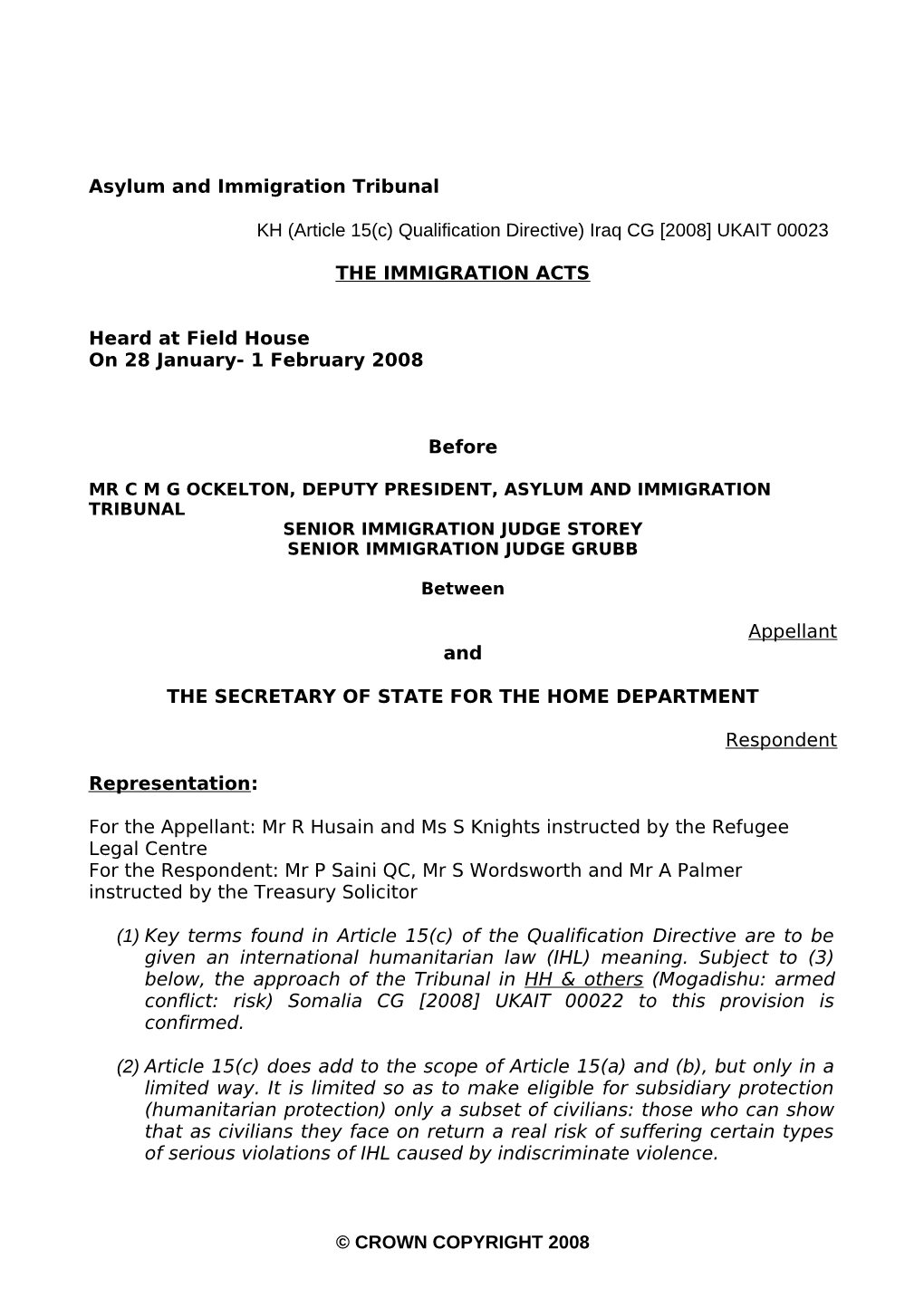 (Article 15(C) Qualification Directive) Iraq CG [2008] UKAIT 00023