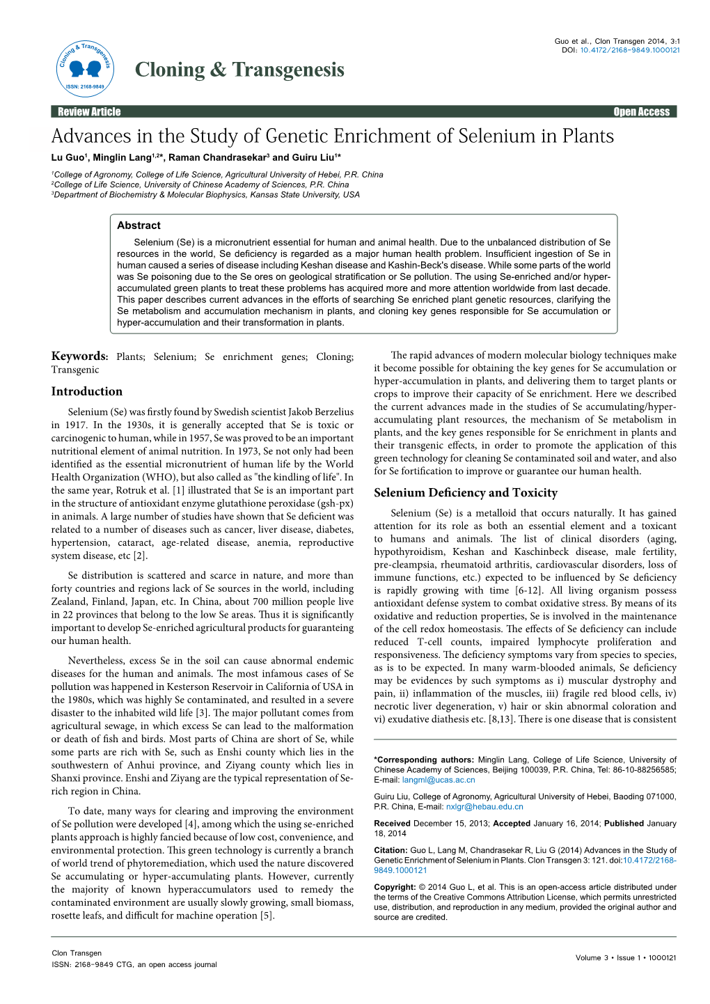 Advances in the Study of Genetic Enrichment of Selenium in Plants