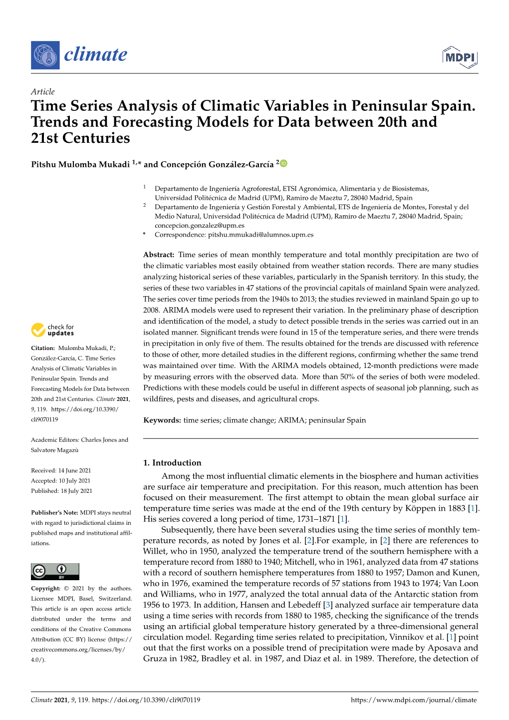 Time Series Analysis of Climatic Variables in Peninsular Spain