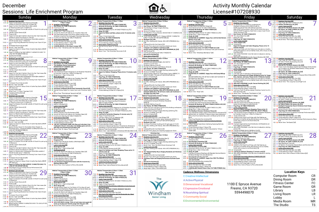 December Sessions: Life Enrichment Program Activity Monthly Calendar